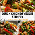 Colorful chicken veggie stir fry bowl with tender chicken and rice in savory sauce